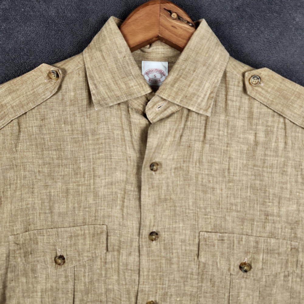 Brooks Brothers Shirt Mens Small Tan Irish Linen Epaulet Safari Traditional Fit